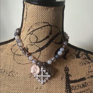 Elegant Beaded Necklace with Silver and Brown Accents